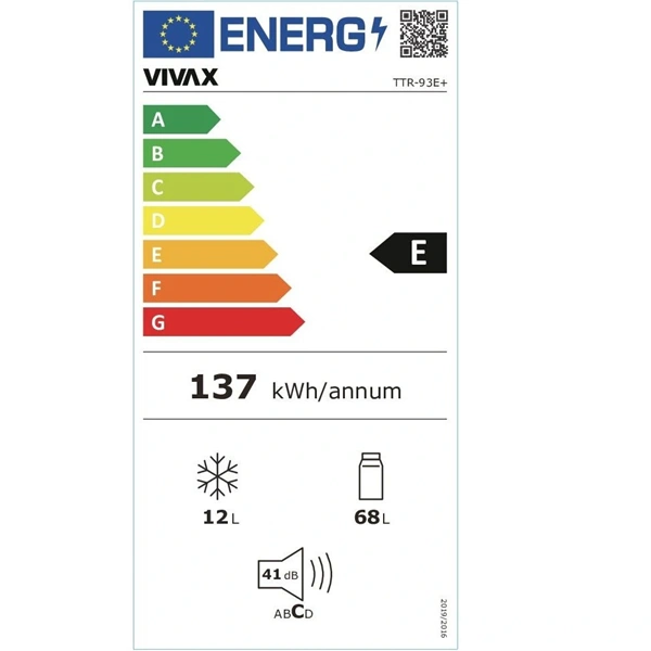 Vivax TTR-93E+ fehér, egyajtós, Hűtő:68L, Fagyasztó:12L, hűtőszekrény (Használt - A)