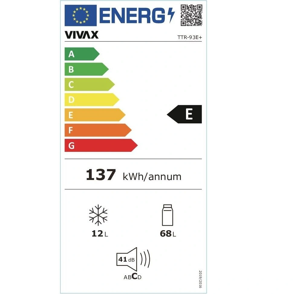 Vivax TTR-93E+ fehér, egyajtós, Hűtő:68L, Fagyasztó:12L, hűtőszekrény (Használt - A)
