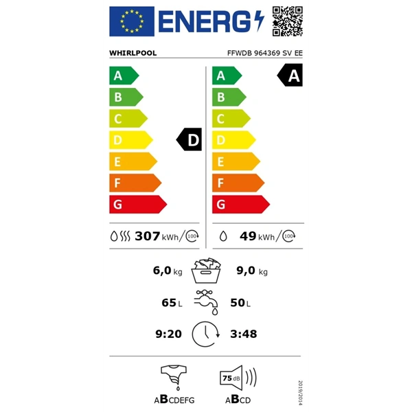 Whirlpool FFWDB 964369 SV EE fehér, elöltöltős, max.1400ford., 9 kg/6 kg, mosó-szárítógép (Használt - A)