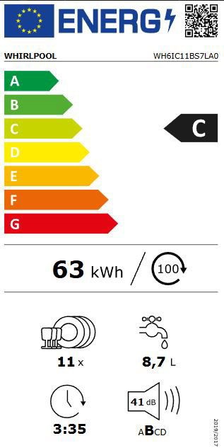 Whirlpool WH6IC11BS7LSA0 programok száma: 9, keskeny beépíthető, 11 terítékes mosogatógép 