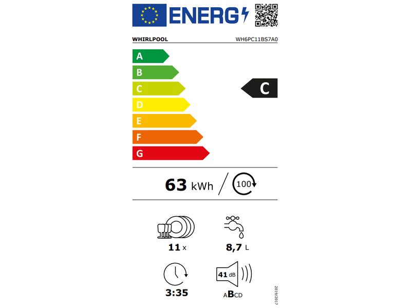 Whirlpool WH6PC11BS7A0 programok száma: 9, keskeny beépíthető, 11 terítékes mosogatógép 