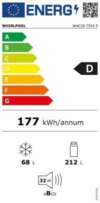 Whirlpool WHC20 T593 P alulfagyasztós, beépíthető, Hűtő:212L, Fagyasztó:68L, No frost hűtőszekrény (Újszerű)