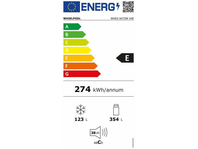 Whirlpool WHD2 6472W X4E inox, felülfagyasztós, Hűtő:354L, Fagyasztó:123L, No frost hűtőszekrény