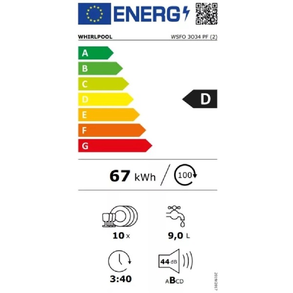 Whirlpool WSFO 3O34 PF fehér, programok száma: 8, keskeny szabadonálló, 10 terítékes mosogatógép (Újszerű)