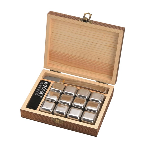 WoMa fekete bársonyzacskóval és csipesszel 12 db-os rozsdamentes acél whisky jégkocka készlet fadobozban