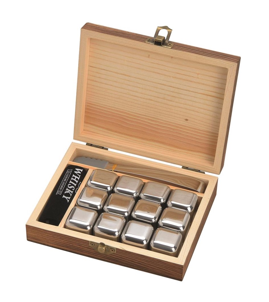 WoMa fekete bársonyzacskóval és csipesszel 12 db-os rozsdamentes acél whisky jégkocka készlet fadobozban