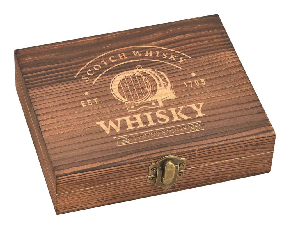 WoMa fekete bársonyzacskóval és csipesszel 12 db-os rozsdamentes acél whisky jégkocka készlet fadobozban