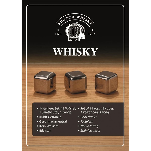 WoMa fekete bársonyzacskóval és csipesszel 12 db-os rozsdamentes acél whisky jégkocka készlet fadobozban