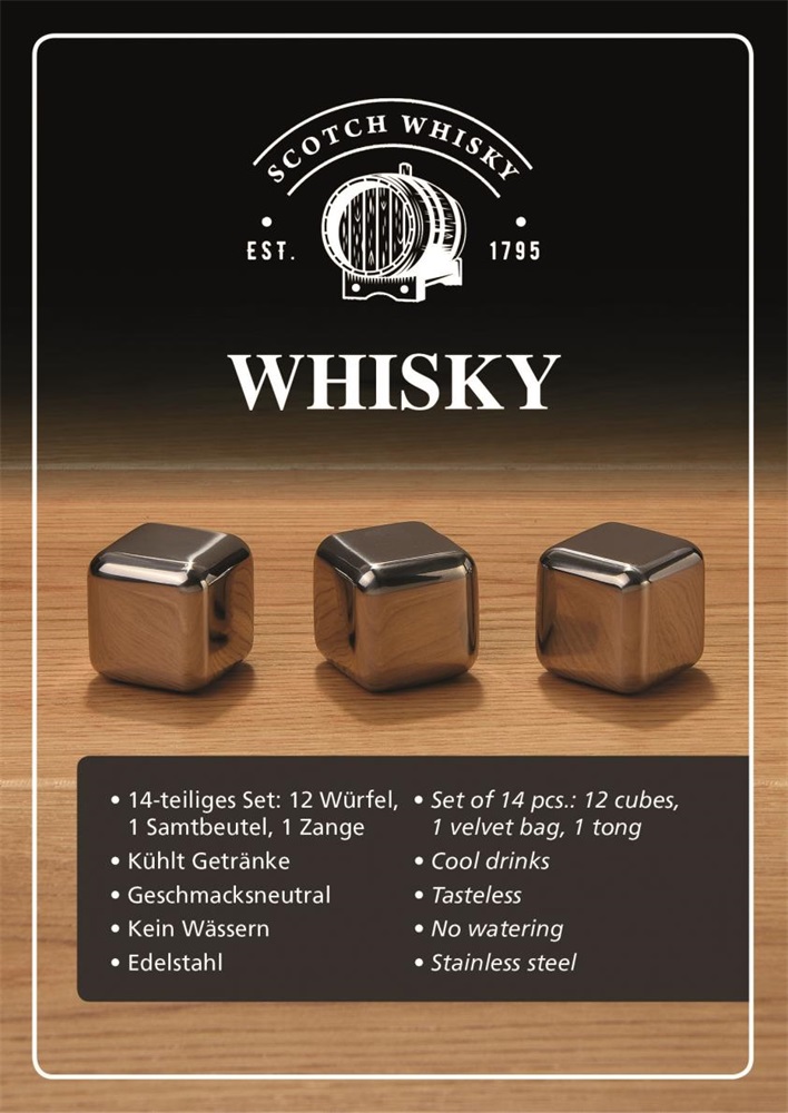 WoMa fekete bársonyzacskóval és csipesszel 12 db-os rozsdamentes acél whisky jégkocka készlet fadobozban