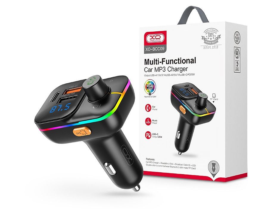 XO TF-0246 XO Bluetooth FM-transmitter/szivargyújtó töltő - 2xUSB + MP3 + RGB Light + PD25W