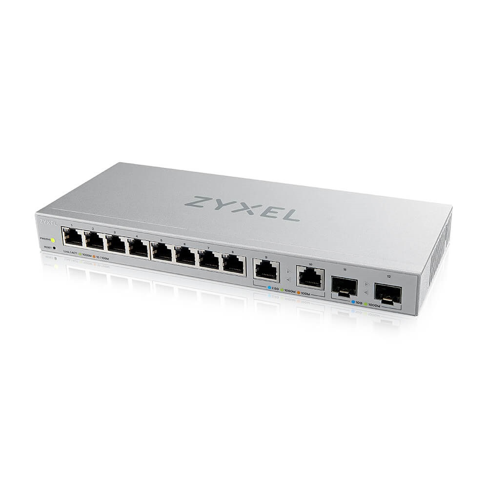 ZyXEL XGS1210-12 v2 8xGbE LAN 2x2.5GbE Multi-Gig LAN 2xSFP+ port web menedzselhető switch