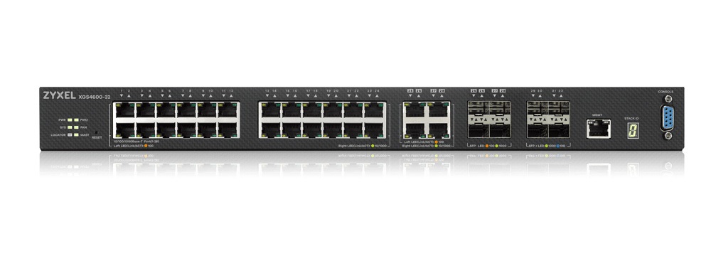 ZyXEL XGS4600-32 24port GbE LAN 4port GbE combo SFP/RJ45 4port 10GbE SFP+ L2+ L3+ menedzselhető, stackelhető switch