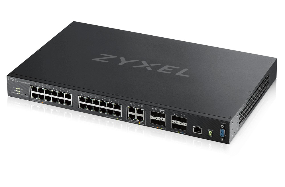 ZyXEL XGS4600-32 24port GbE LAN 4port GbE combo SFP/RJ45 4port 10GbE SFP+ L2+ L3+ menedzselhető, stackelhető switch