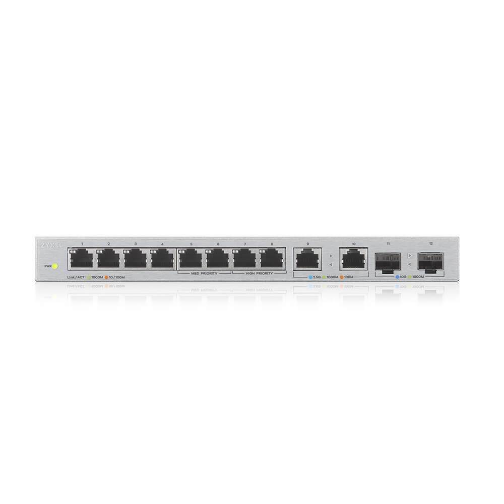 Zyxel XGS1010-12 v2 8xGbE LAN 2x2.5GbE Multi-Gig LAN 2xSFP+ port nem menedzselhető switch